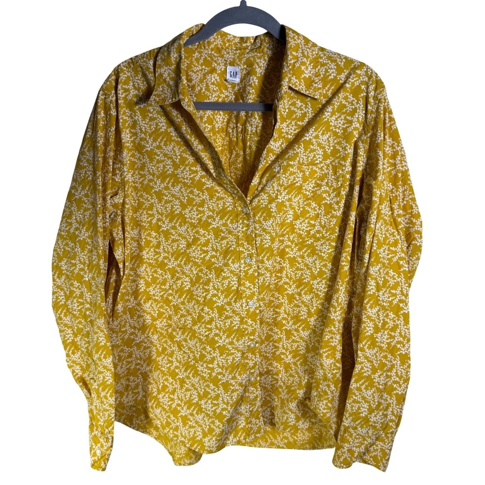 GAP Womens XL Mustard Yellow White Floral Cotton Button Down Shirt Long Sleeve